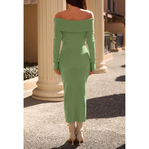 Merokeety Women's Green Off Shoulder Long Sleeve Elegant Bodycon Midi Dress - Picture 5 of 9